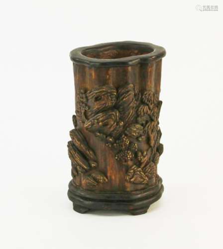 Chinese Carved Chen Xiang Wood Brush Pot