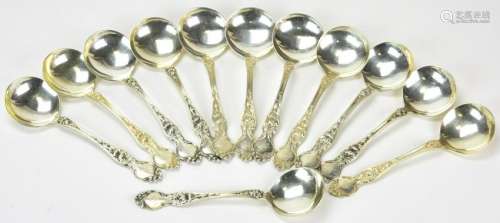 Set of 12 Art Nouveau Sterling Silver Soup Spoons