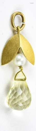 Estate 18kt Yellow Gold Citrine & Pearl Pendant