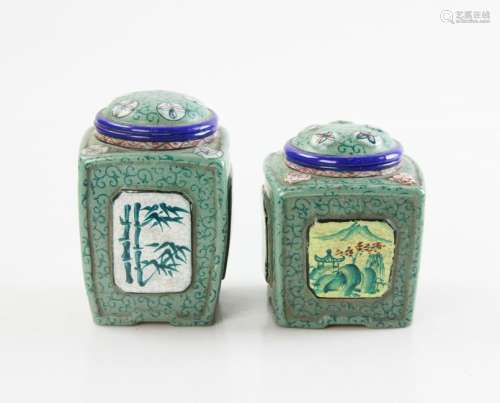 Two Chinese Enamel on Yixing Pottery Tea Caddies