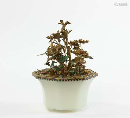 18thC Chinese Jade Pot, Gilt on Silver Flower