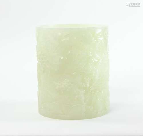 Chinese Carved White Jade Brush Pot