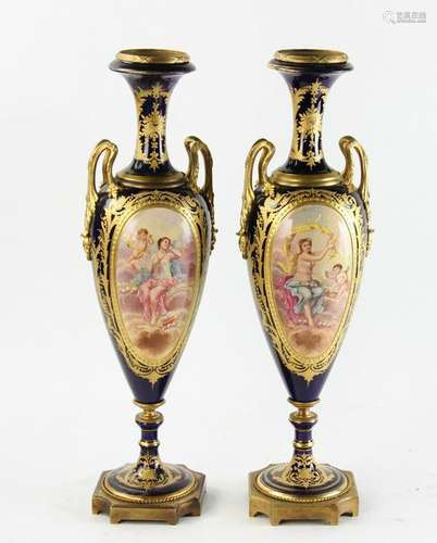 Pair of 19thC French Sevres Hand Painted Urns