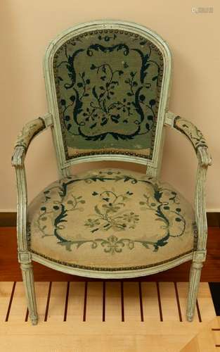 19thC Green Chair with Needlepoint Upholstery