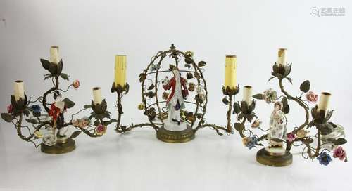 Three Dresden Porcelain and Bronze Candelabra