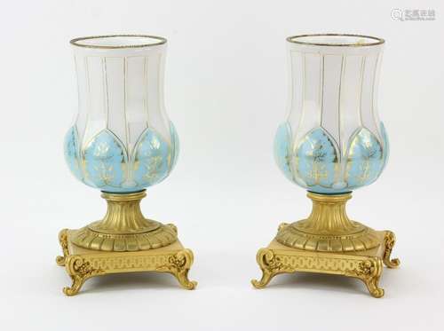 Pair of 19thC Bohemian Cut Glass Overlay Urn