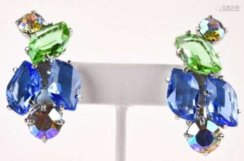Elsa Schiaparelli Blue & Green Rhinestone Earrings