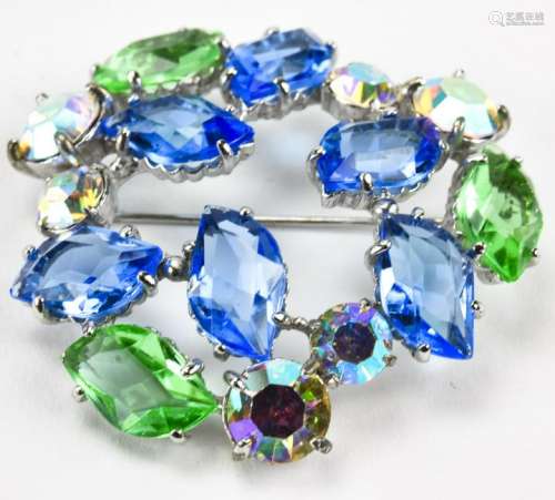 Elsa Schiaparelli Blue & Green Rhinestone Brooch