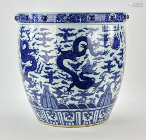 Large Chinese Blue and White Fish Bowl