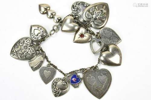 Vintage Sterling Silver Charm Bracelet W Hearts