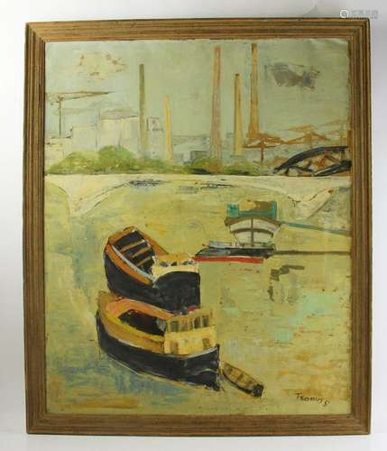 Tsamis, View of Boats on a River, Oil on Canvas