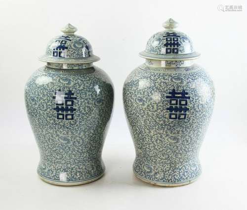 Pair of Chinese Blue and White Covered Jars