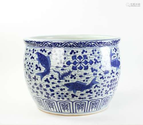 Large Chinese Blue and White Fish Bowl