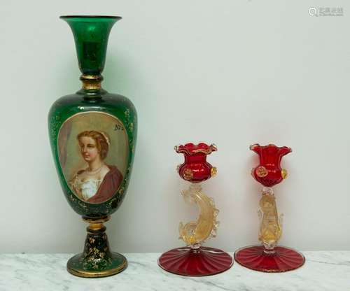 19thC Cameo Glass Vase, Candlesticks