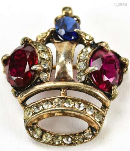 Sterling Vintage Rhinestone & Crystal Crown Brooch