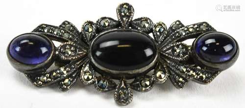 Sterling Amethyst Onyx Marcasite Brooch Pin