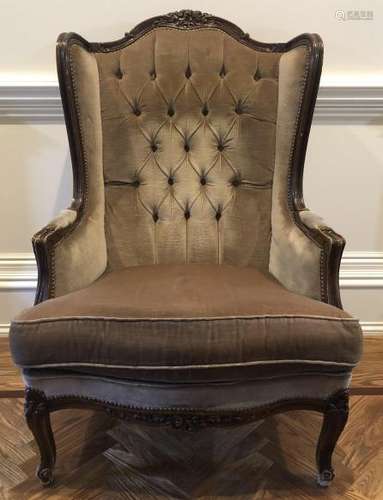 Vintage French Provencal Tufted Carved Wing Chair