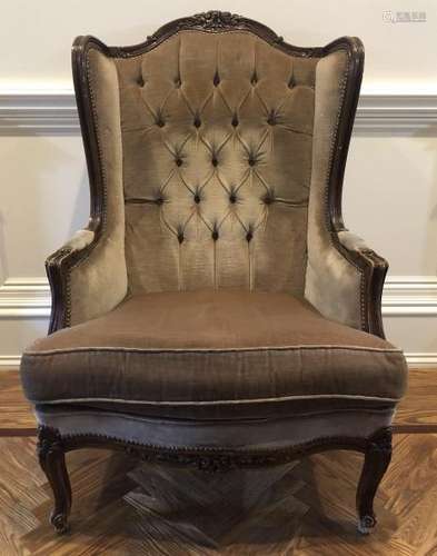 Vintage French Provencal Tufted Carved Wing Chair