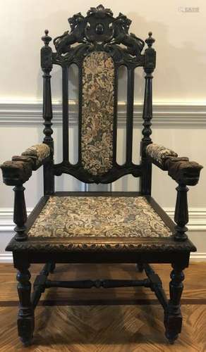 Tudor Carved Tapestry Upholstered Throne Chair