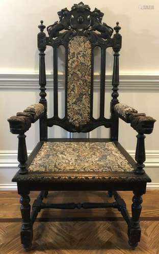 Tudor Carved Tapestry Upholstered Throne Chair