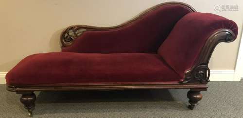English Victorian Carved Red Velvet Chaise Lounge
