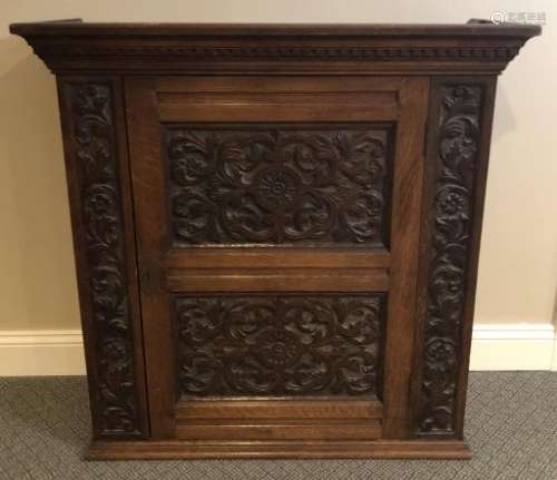 English Arts Crafts Heavily Carved Hanging Cabinet