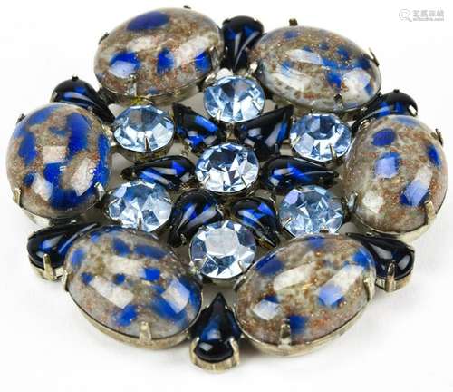 Large C 1960 Art Glass & Rhinestone Brooch