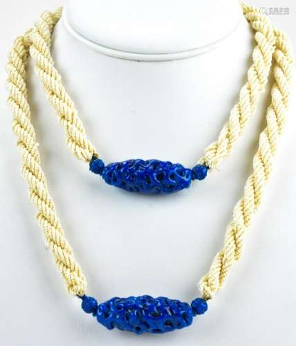 Circa 1940s Lapis Glass & Faux Pearl Necklace