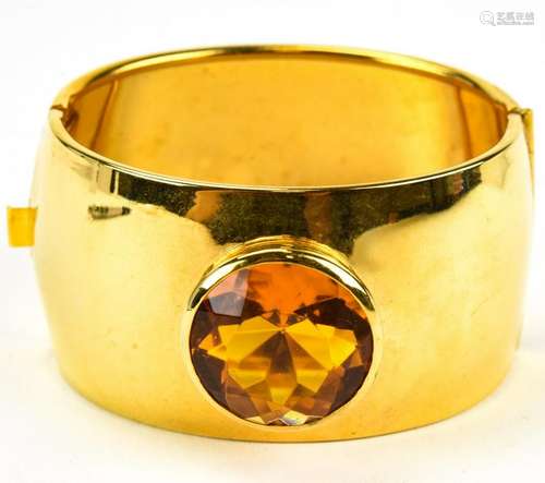 Vintage Gilt Metal Citrine Crystal Bangle Bracelet