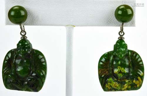 Pair Jade Toned Bakelite Buddha Earrings