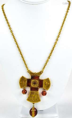 Vintage 1980s Faux Amber Cross on Chain