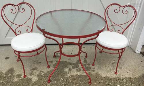 Pair Red Metal Ice Cream Parlor Chairs & Table