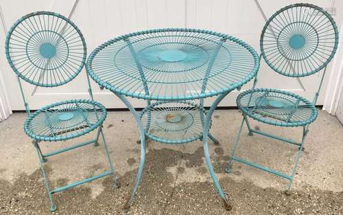 Pair Vintage Blue Metal Chairs & Bistro Table