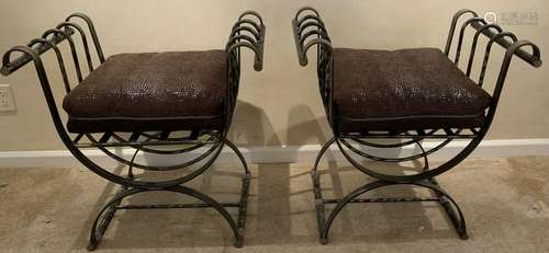 Pair Curule Base Wrought Metal Stools