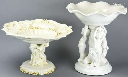 Pair Italian Porcelain Compotes with Putti Trios