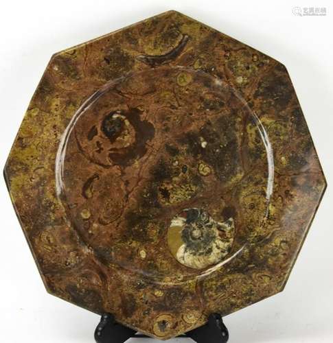 Hand Carved Hardstone Plate W Ammonite Fossils