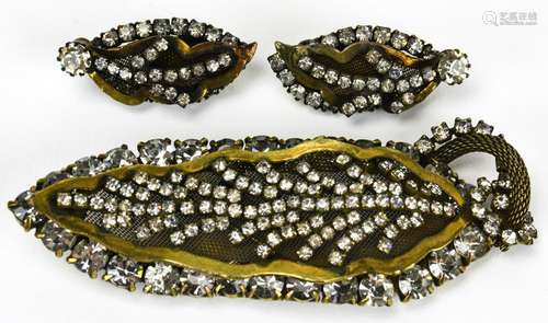 Pair 1960s Rhinestone Earrings & Brooch by Hobe