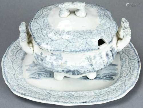 Antique 19th C English Transferware Tureen & Tray