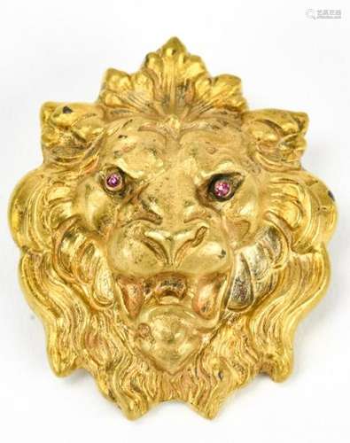 Circa 1920s Lion Head Brooch W Rhinestone Eyes