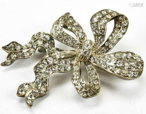 Vintage Sterling Silver & Rhinestone Ribbon Brooch