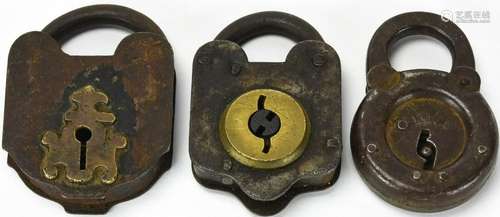 3 Antique Iron & Bronze Padlocks