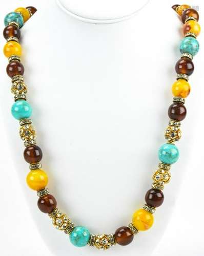 Vintage Faux Amber & Rhinestone Beaded Necklace