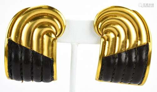 Pair Gilt Metal & Leather Earrings by Loewe