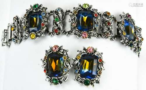 1950s Multi Color Rhinestone Bracelet & Earrings