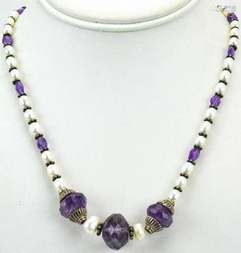 Faceted Amethyst Baroque Pearl & Sterling Necklace