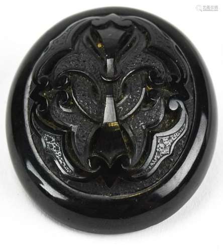 Antique 19th C Whitby Jet Carved Brooch