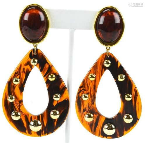 Pair Vintage Faux Amber & Faux Tortoise Earrings