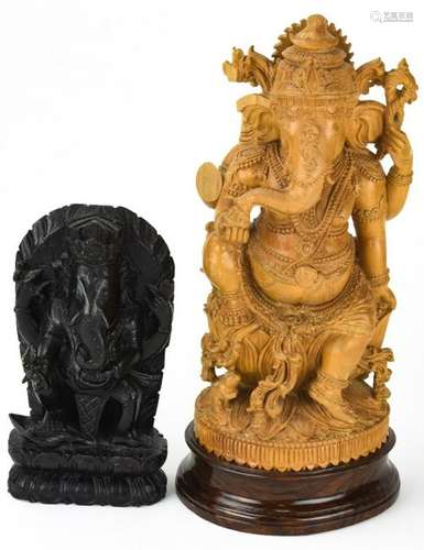 2 Hand Carved Figural Ganesha Statues