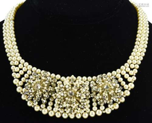 1950s Faux Pearl & Rhinestone Collar Necklace