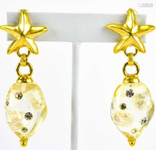 Vintage Gilt Metal Rhinestone & Acrylic Earrings